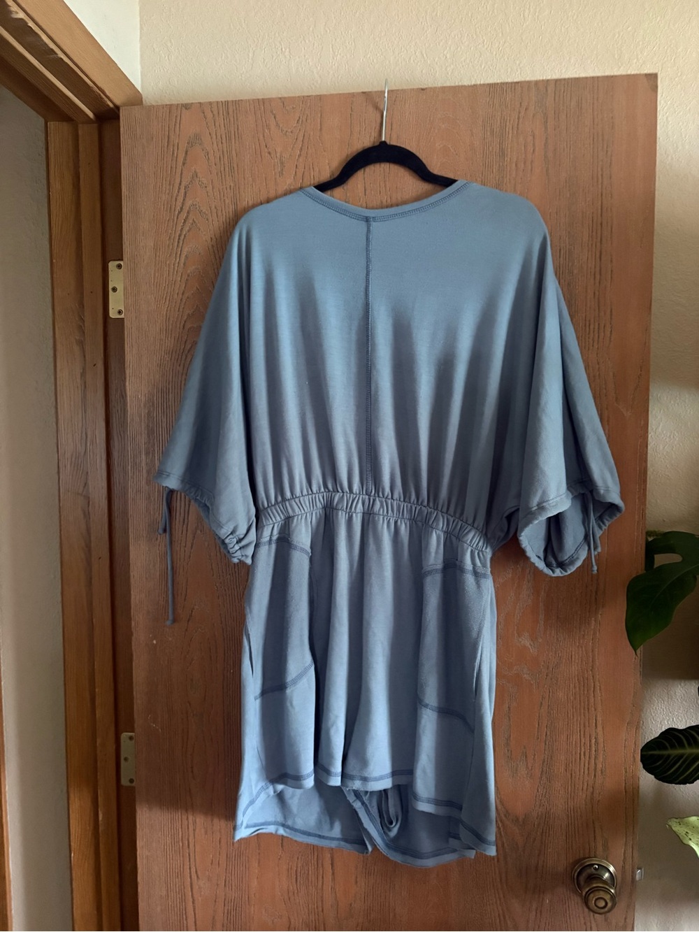 Three Bird Nest Light Blue Drawstring Romper with Dolman Sleeves